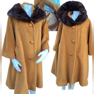 Lilli Ann 1950s mustard pumpkin mohair wing coat with Mink collar